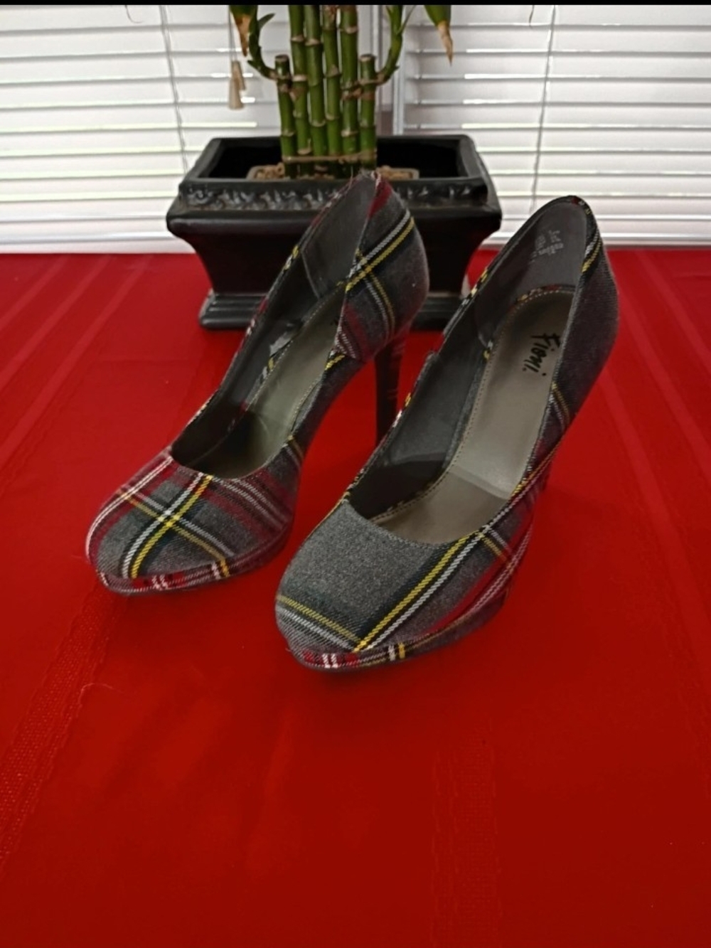 LIKE NEW: FIONI Plaid Red, Gray and Yellow Stiletto Pumps
